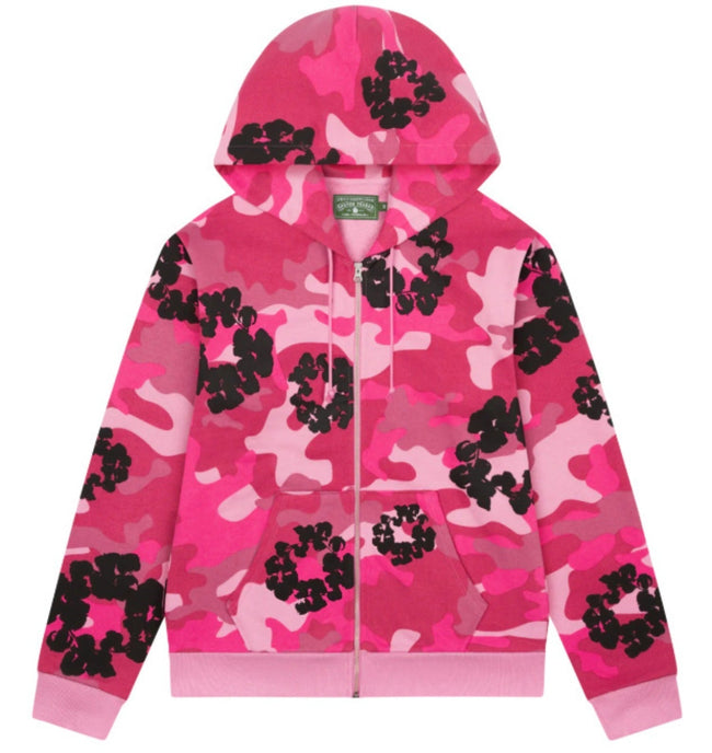 Denim Tears Hot Pink Camo Black Floral All Over Print Zip Up Hoodie Hover Image