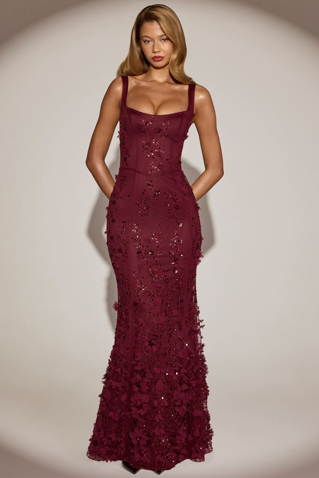 Embellished Appliqué Soft-Scoop Corset Gown in Wine Red Hover Image