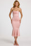 Satin Lace-Trim Bandeau Fluted Midaxi Dress in Blush Pink