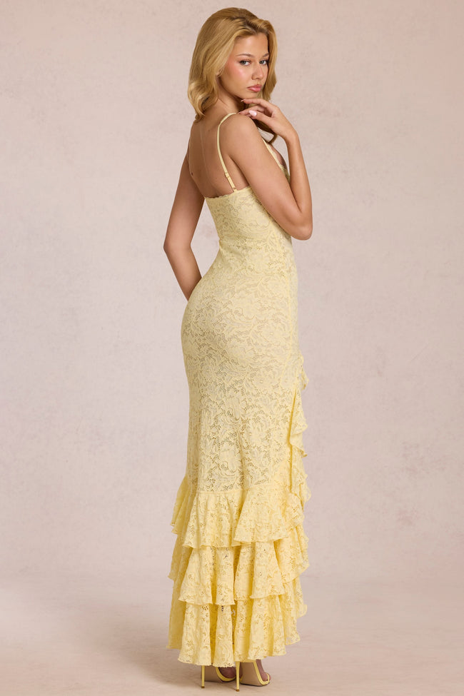 Lace Ruffle Maxi Dress in Lemon Yellow Main Image