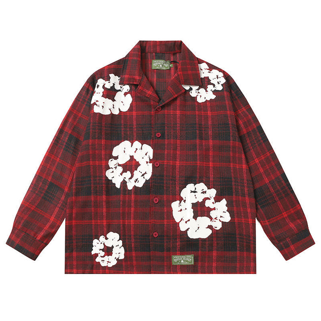 Denim Tears Red and black checkered white wreath printed loose long-sleeved shirt Hover Image