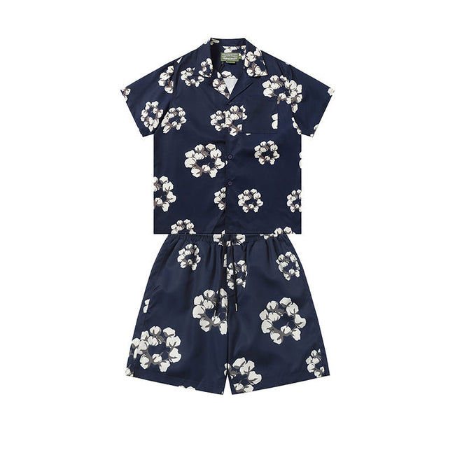 Denim Tears Navy Blue White Floral Ring Print Camp Collar Shirt & Drawstring Shorts Hover Image