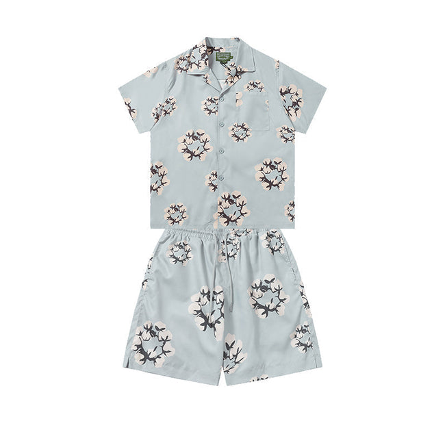 Denim Tears Light Blue Floral Wreath Print Camp Collar Shirt & Drawstring Shorts Hover Image