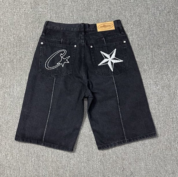 Devil's Island machine embroidered denim shorts for men's summer high street loose five quarter pants with five pointed star design mid waist denim shorts (2)