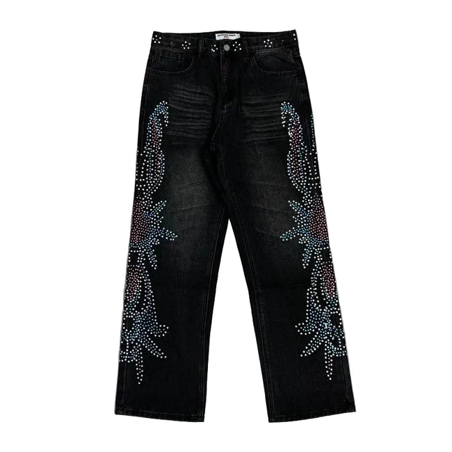Vale Forever Rhinestone Floral Pattern Oversized Black Denim Jeans Hover Image