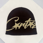 Corteiz Oversized Script Knit Beanie – Black / Grey / Curry