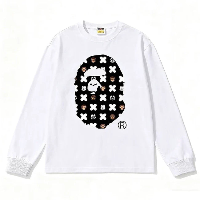 BAPE Style All-Over Cartoon Print Ape Head Long-Sleeve Tee - White Hover Image