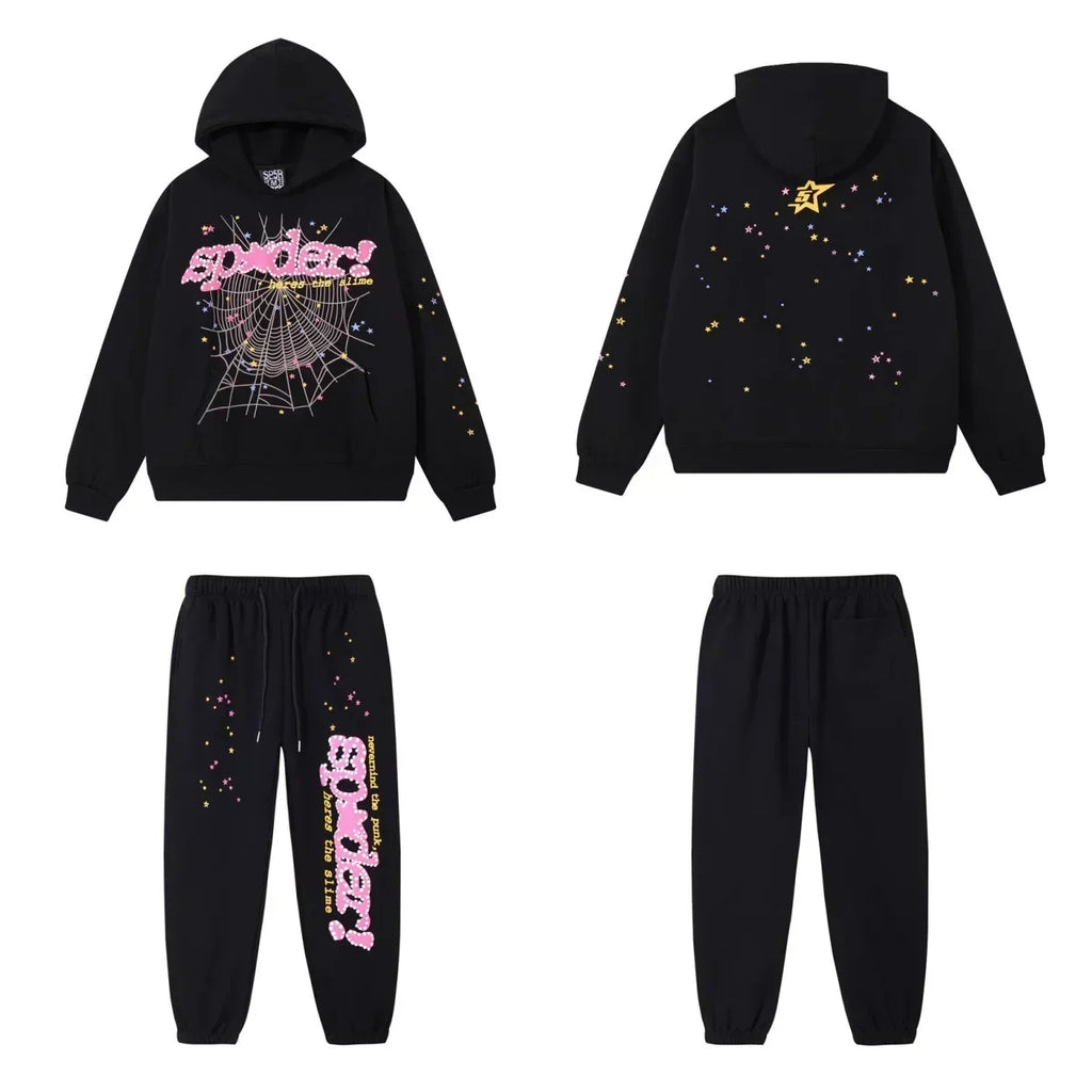 SP5DER Web Graphic Pullover Hoodie and Sweatpants Matching Set - Black / Pink
