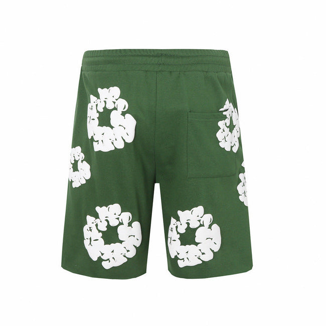 Denim Tears Green Cotton Sweat Shorts With White Textured Flower Wreath Print Hover Image