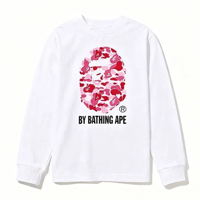 BAPE Style "BY BATHING APE" Camo Ape Head Long-Sleeve Tee - White/Pink Hover Image