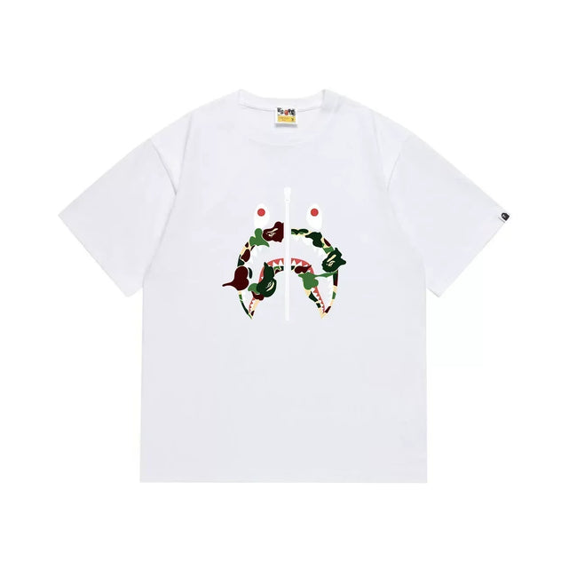 BAPE Style Camo Shark Full-Zip Motif Short-Sleeve Tee - White/Classic Green Hover Image