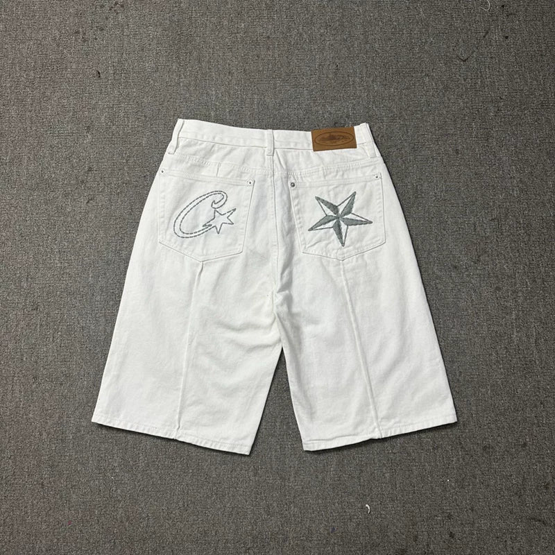 Devil's Island machine embroidered denim shorts for men's summer high street loose five quarter pants with five pointed star design mid waist denim shorts (4)