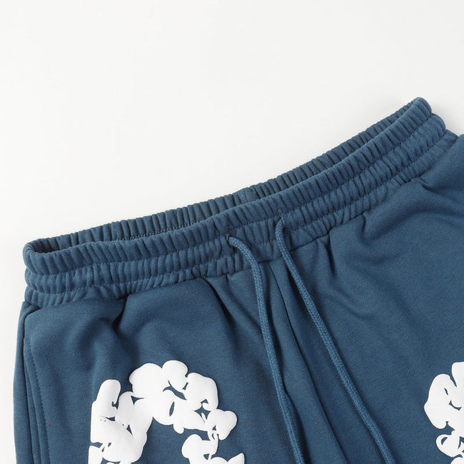 Denim Tears Blue Cotton Sweat Shorts With White Textured Flower Wreath Print Main Image