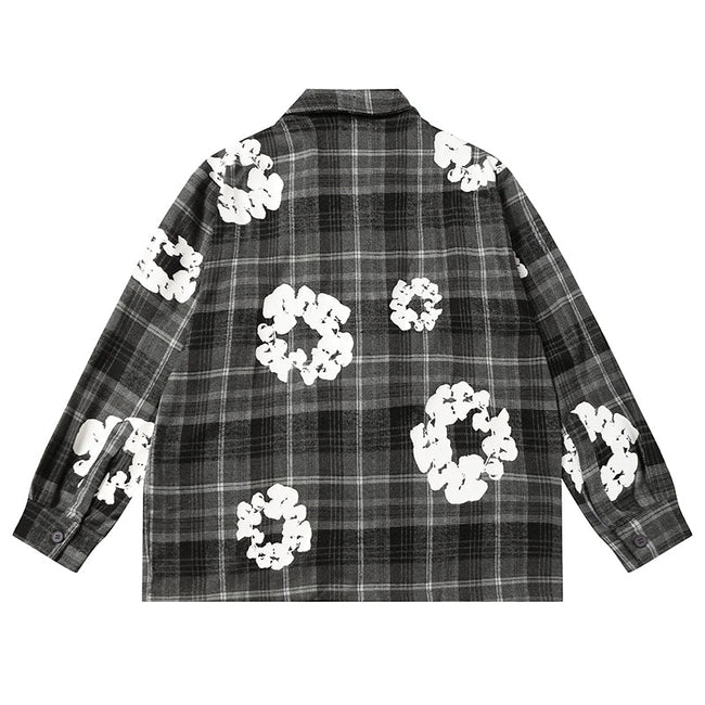 Denim Tears Black and gray checkered white wreath print loose long-sleeve shirt Main Image