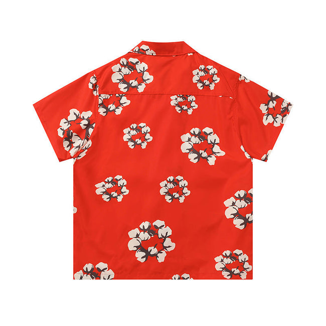 Denim Tears Bright Red All Over White Floral Wreath Print Camp Collar Short Hover Image