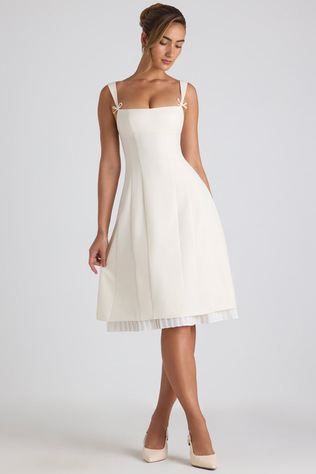 Bow-Detail Pleated A-Line Midi Dress in Ivory Hover Image