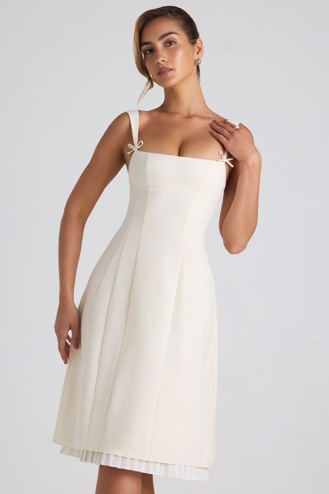 Bow-Detail Pleated A-Line Midi Dress in Ivory Main Image